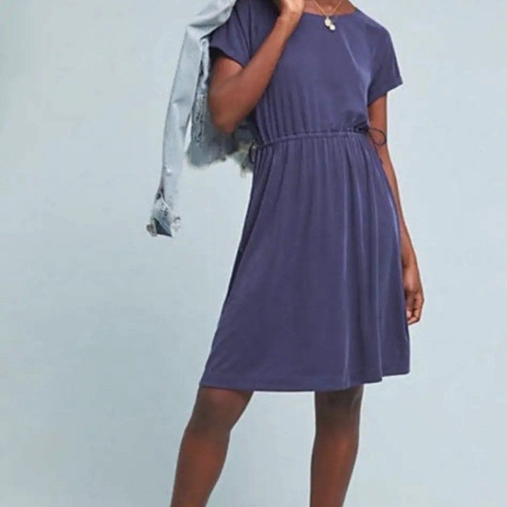 ANTHROPOLOGIE Women’s Navy Blue Short- Sleeve Cupro Ribbed Waisted Dress Sz S
